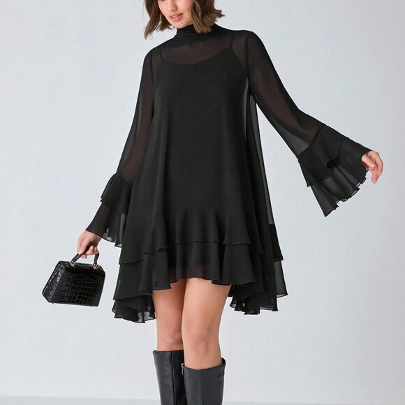 Black Casual Women's Romantic Elegant Chiffon Long-Sleeve ruffled hem dress - Picture 1 of 8
